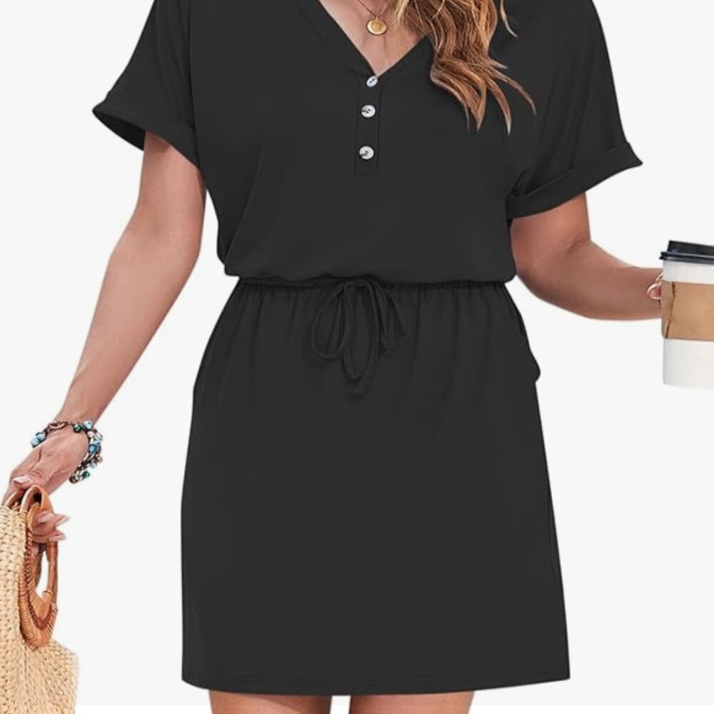 Wneedu Black Button-Up Romper Dress Size Large
